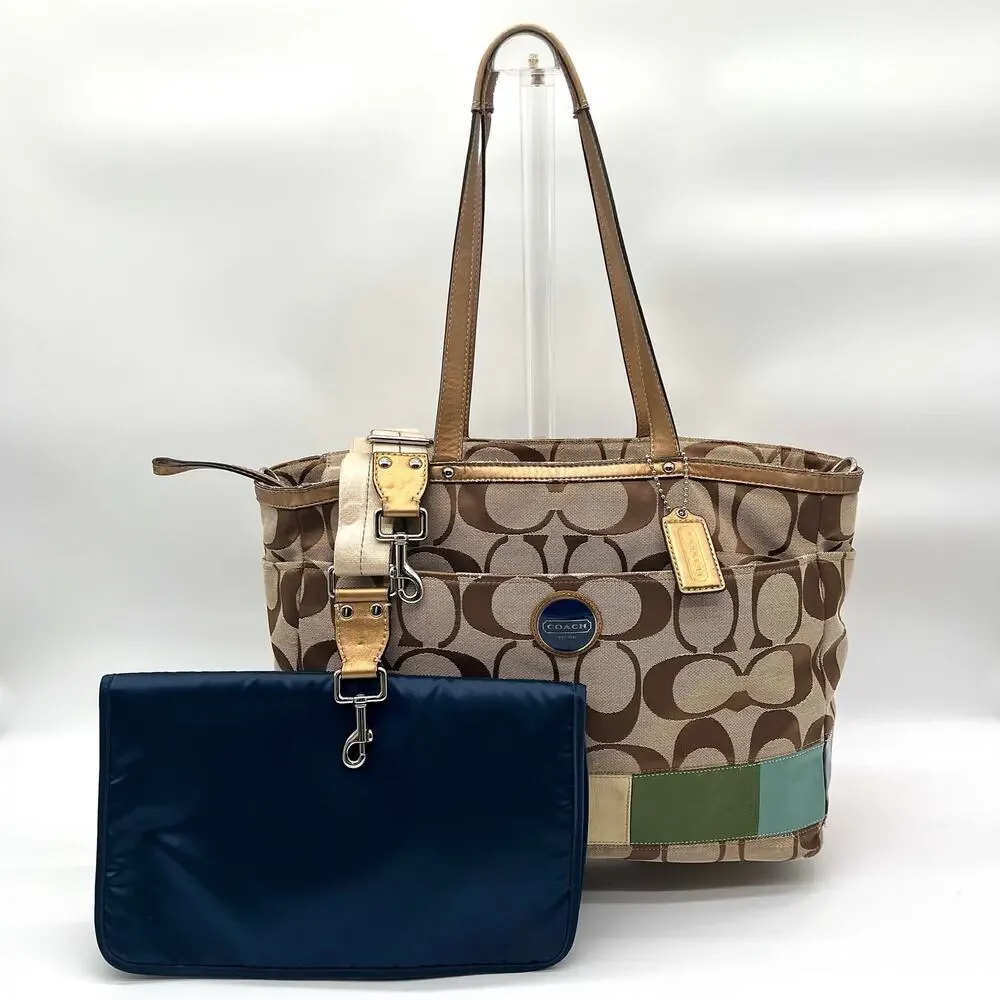 Coach Signature Brown and Tan Travel/Diaper Bag with Navy changing pad